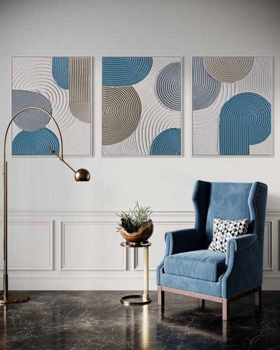 Blue & Grey Abstract Geometric Wall Art – Set of 3