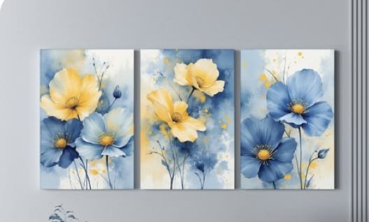Blue & Yellow Floral Abstract Wall Art – Set of 3