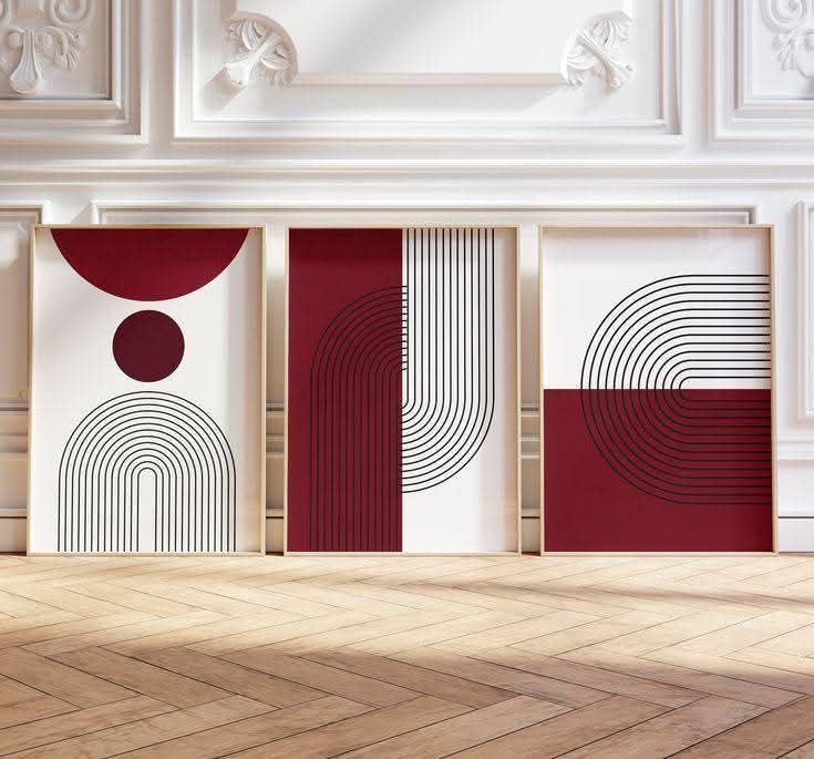 Burgundy & Black Modern Geometric Wall Art Set of 3