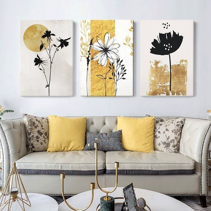Elegant Gold & Black Floral Wall Art – Set of 3