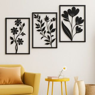 Abstract Black Botanical & Wave Wall Art Set of 3