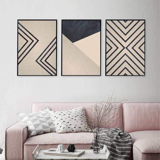 Beige & Black Geometric Abstract Wall Art Set of 3