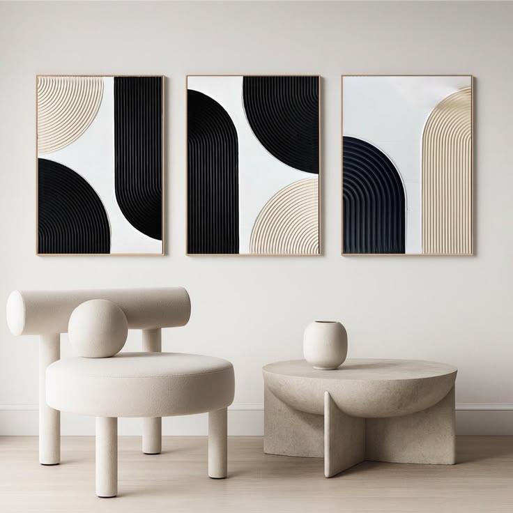 Black & Beige Minimalist Geometric Wall Art Set of 3