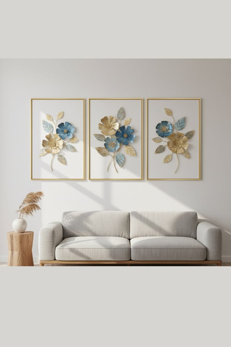 Blue & Gold Blossom 3-Piece Wall Art