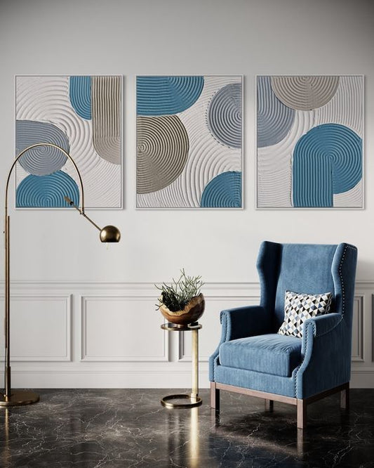 Blue & Grey Abstract Geometric Wall Art – Set of 3