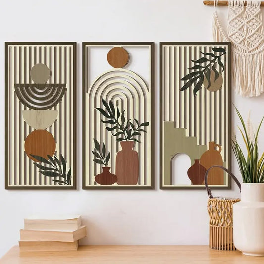 Boho Wooden Botanical Geometric Wall Art Set of 3