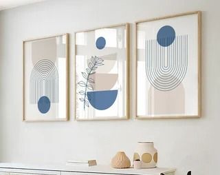 Minimalist Blue & Beige Geometric Wall Art – Set of 3