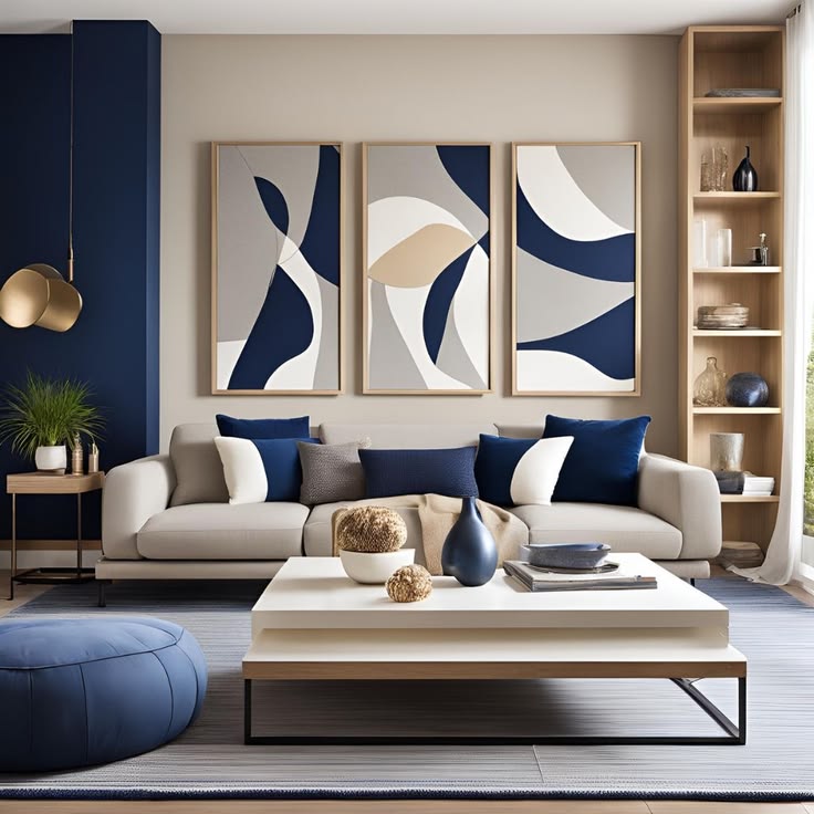 Modern Navy Blue Abstract Wall Art – Set of 3