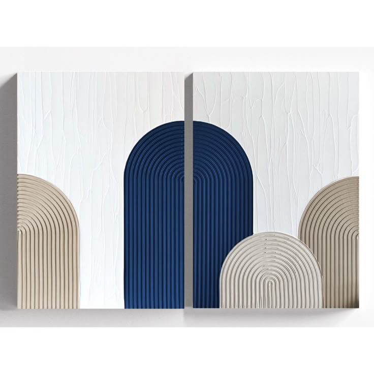 Modern Navy Blue & Beige Arch Textured Wall Art Set of 2