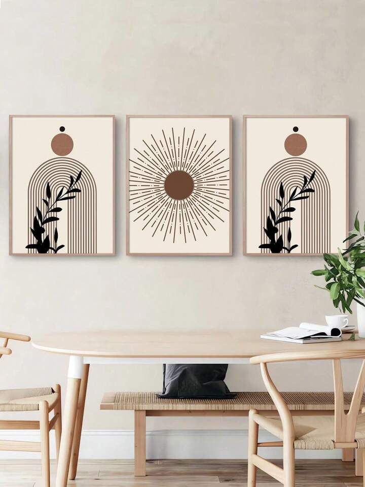 Modern Neutral Sunburst Botanical Wall Art – Set of 3