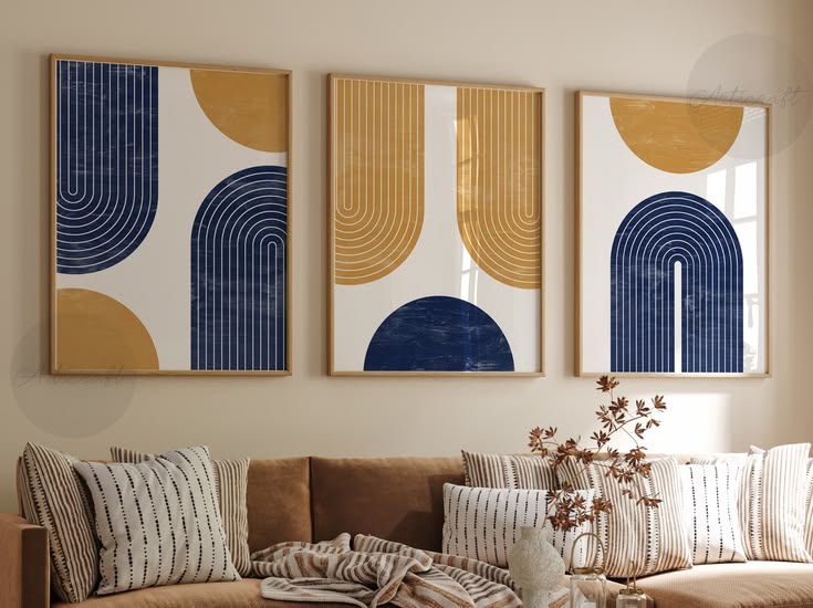 Navy Blue & Gold Modern Arch Wall Art Set of 3