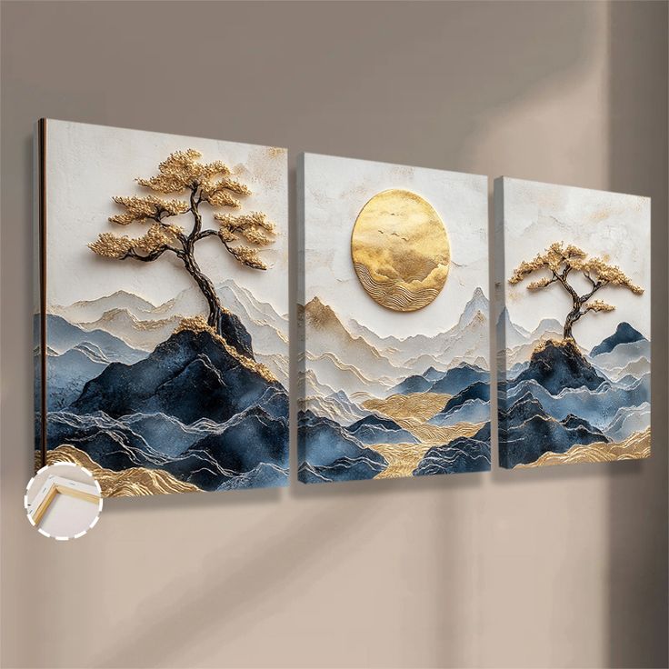 Zen Golden Bonsai 3 Piece Wall Art
