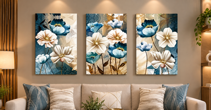 Blue & White Botanical Floral Wall Art – Set of 3