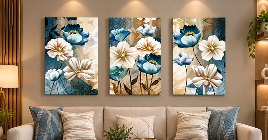 Blue & White Botanical Floral Wall Art – Set of 3