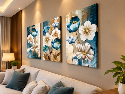 Blue & White Botanical Floral Wall Art – Set of 3